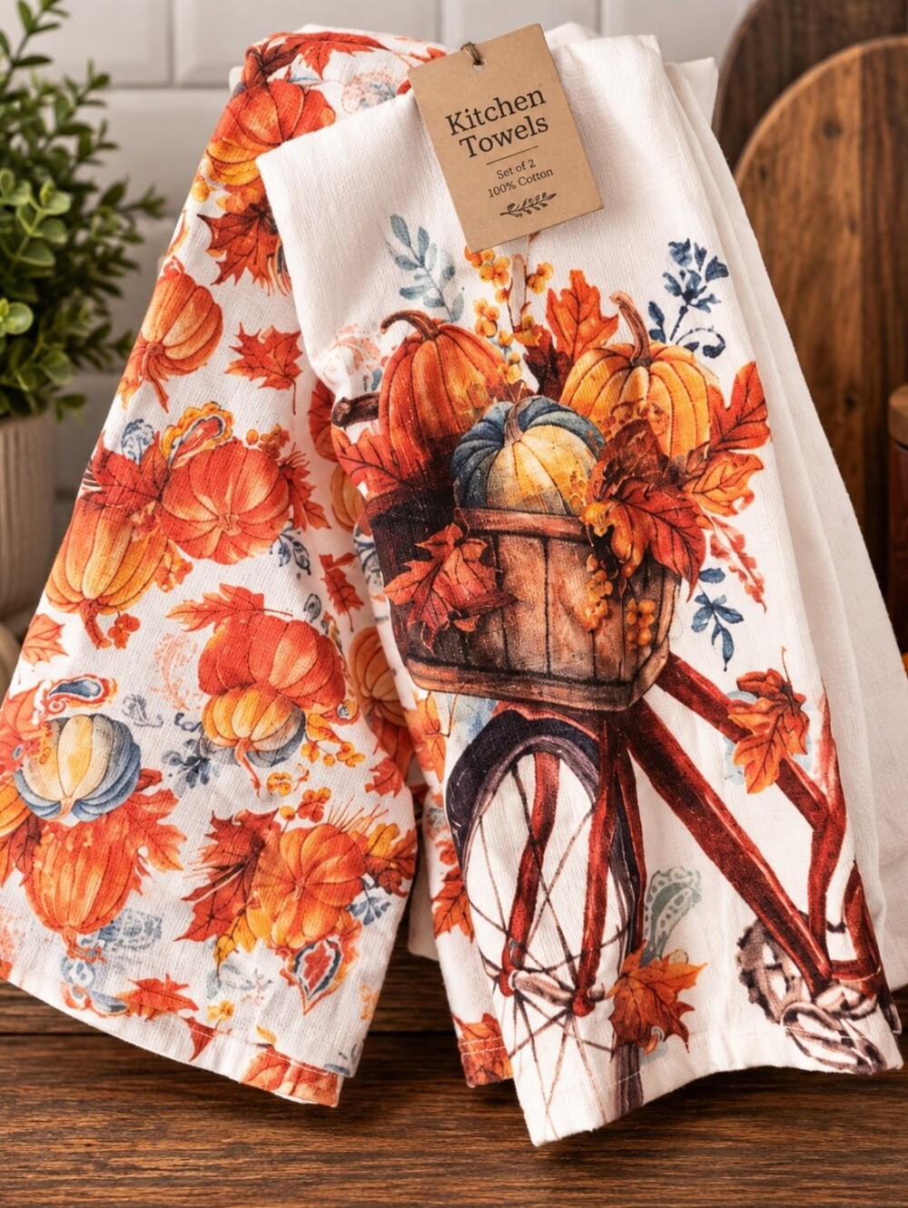Harvest Pumpkin Kitchen Towels - Orange & Cream Set